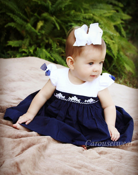 Elegant Lisa Smocked Girls Dress in Navy and White