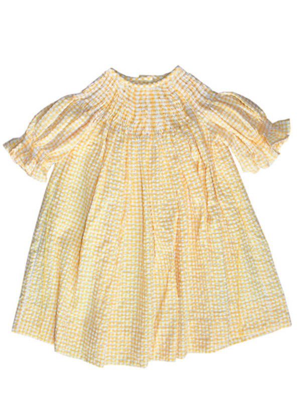 Ready to Smock yellow girls bishop dress in seersucker fabric Ready to Smock yellow girls bishop dress in seersucker fabric
