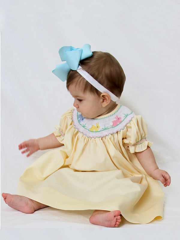 Hand Smocked Yellow Girls Bishop Dress with the Easter Bunny