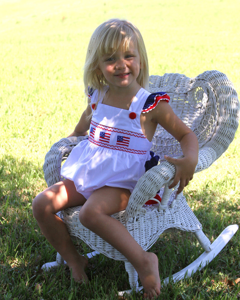 Baby Girls Patriotic Bubble Romper with USA Flags 4th of July--Carousel Wear - 1