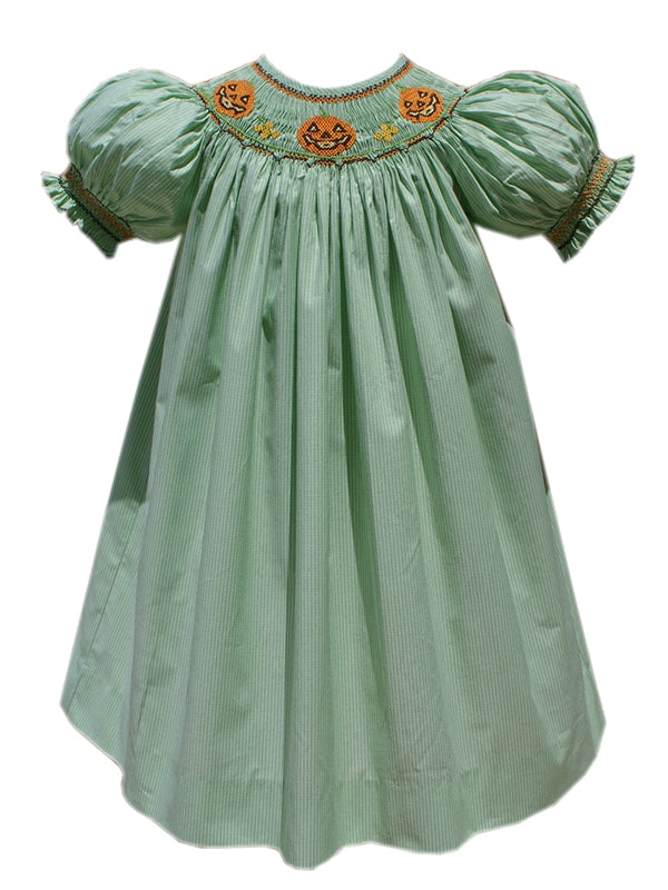 Girls mint green hand-smocked Jack-O-Lantern Halloween bishop dress