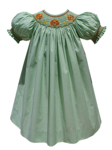 Girls mint green hand-smocked Jack-O-Lantern Halloween bishop dress