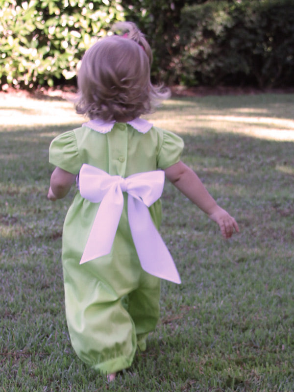 Hand Smocked Sleeveless Romper in green (3-18mths)