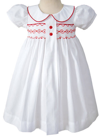 Baby Girls White Smocked Dress with Red Smocking 